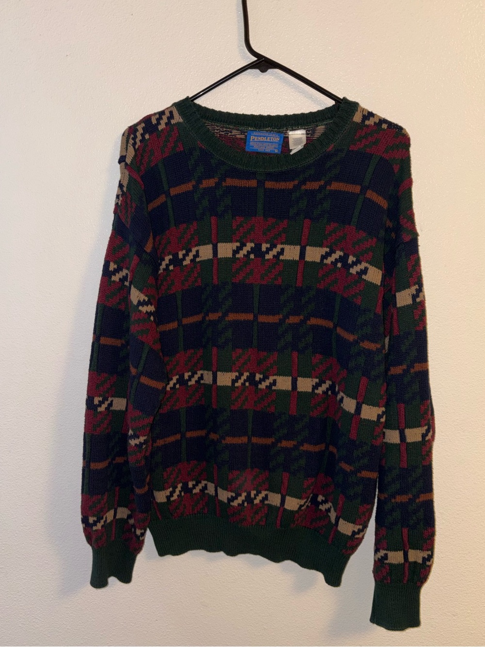 Pendleton Blue Green & Deep Red Men's Crewneck Cotton Sweater Size Large